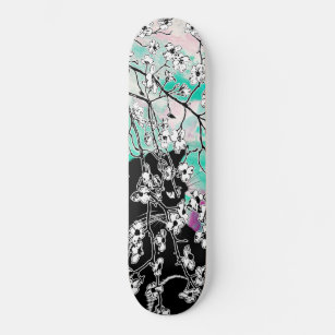 Cherry Blossom Black Cat Floral Green Pink Sky Skateboard