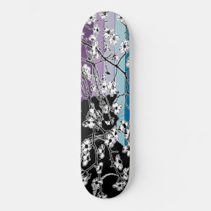 Cherry Blossom Black Cat Floral Stripes Purple Skateboard