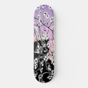 Cherry Blossom Black Cat Floral Sunset Pink Sky Skateboard