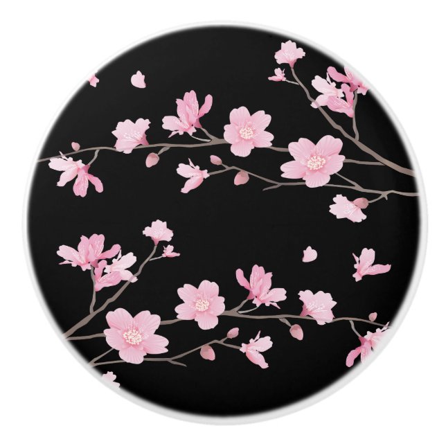 Cherry Blossom - Black Ceramic Knob (Front)