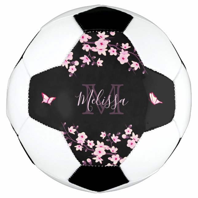 Cherry Blossom Black Pink Your Name Monogram Football (Front)