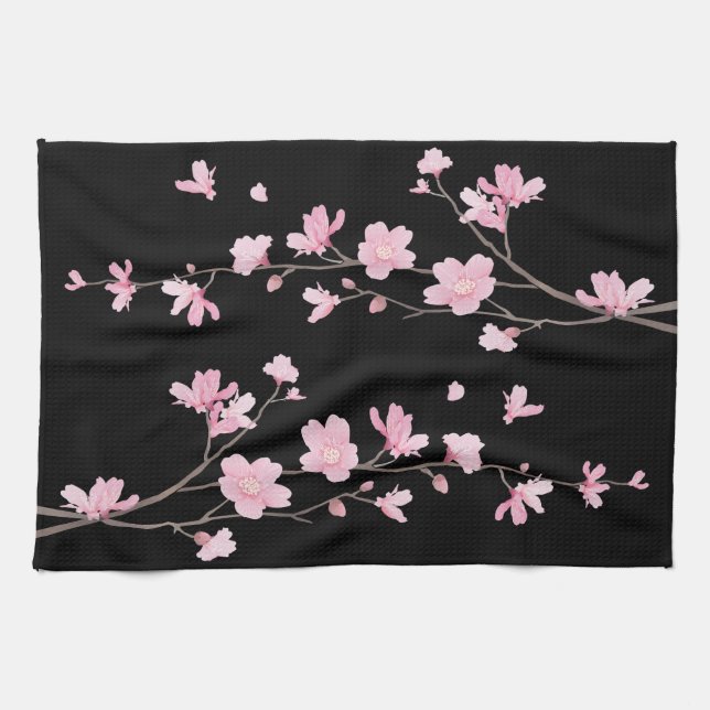 Cherry Blossom - Black Tea Towel (Horizontal)