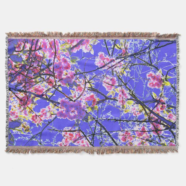 Cherry Blossom Blue Pink Floral Design Throw Blanket (Front)