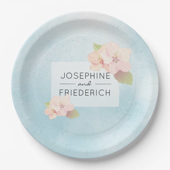Cherry Blossom Blue Watercolor Wedding Paper Plate (Front)