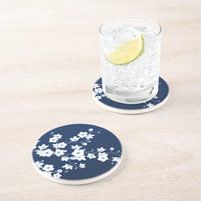 Cherry Blossom Blue White Coaster (Side)