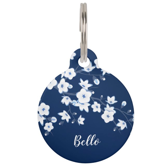 Cherry Blossom Blue White Personalise Pet Tag (Front)