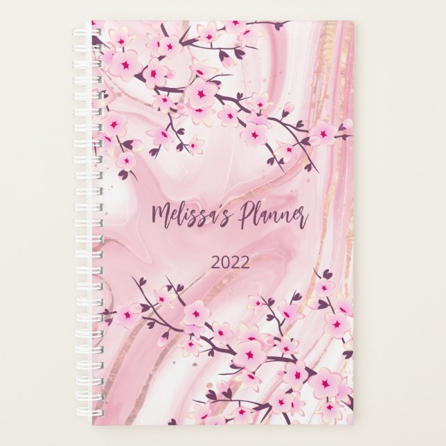 Cherry Blossom Blush Ink Marble  Add Name And Year Planner (Front)