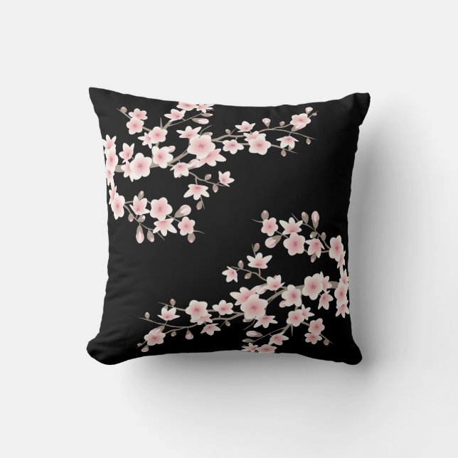  Cherry Blossom Blush Pink Black Cushion (Front)