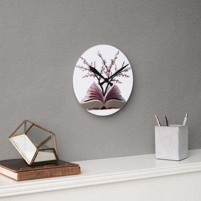 Cherry Blossom Book Art Wall Clock – 10" Round (Office)