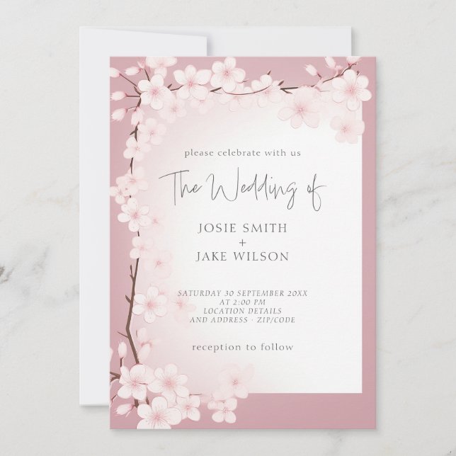 Cherry blossom border wedding invitation (Front)