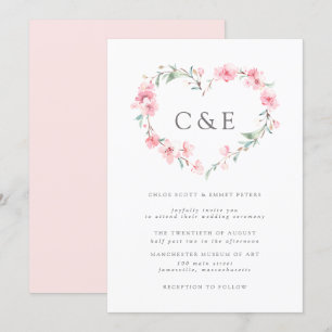 Cherry Blossom Botanical Heart Monogram Wedding Invitation