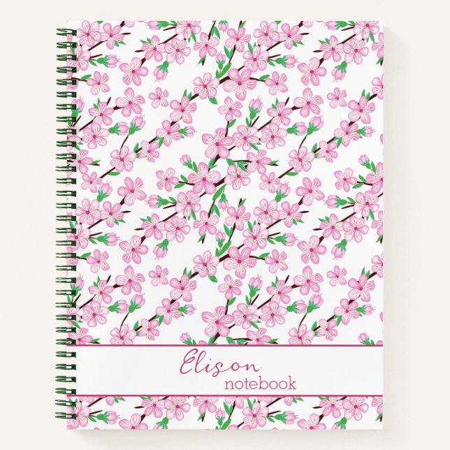 Cherry blossom branch, girly pink design notebook (Front)