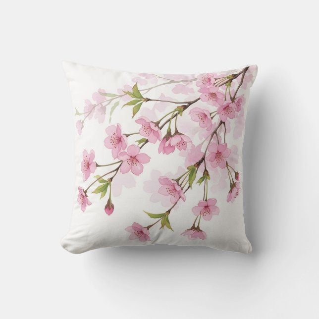 Cherry Blossom Branch Watercolor Pink Floral Cushion (Front)