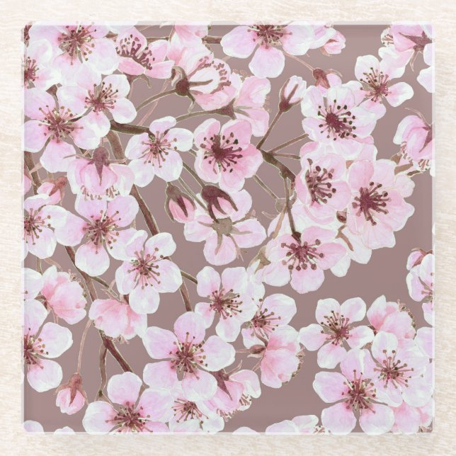Cherry Blossom Branches Watercolor Pattern Glass Coaster (Front)