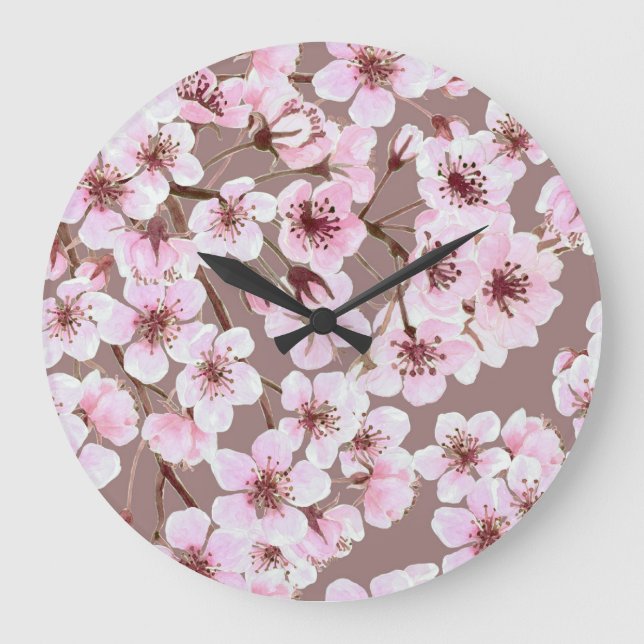 Cherry Blossom Branches Watercolor Pattern Large Clock (Front)