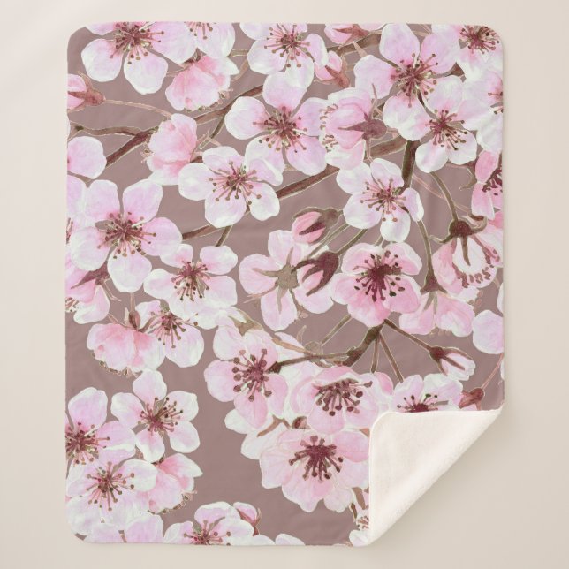 Cherry Blossom Branches Watercolor Pattern Sherpa Blanket (Front)