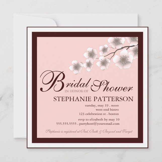 Cherry Blossom Bridal Shower Invitation PInk Brown (Front)