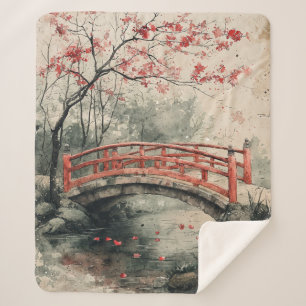 Cherry Blossom Bridge Sumi-E Landscape (2) Sherpa Blanket