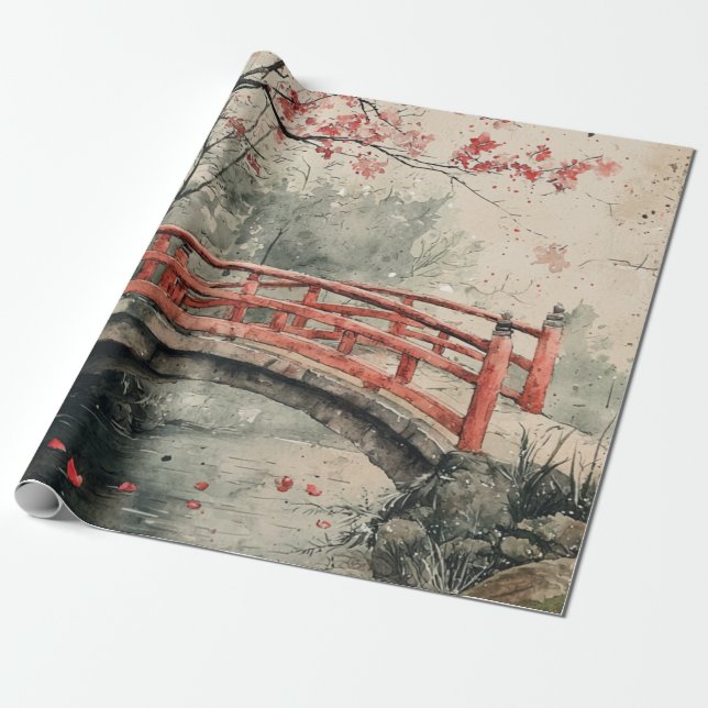 Cherry Blossom Bridge Sumi-E Landscape (2) Wrapping Paper (Unrolled)