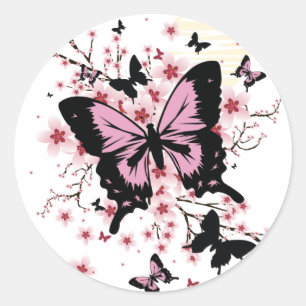 Cherry Blossom Butterflies  Classic Round Sticker