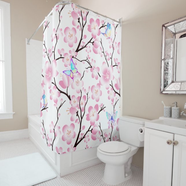 cherry blossom butterflies iridescent elegant pink shower curtain (In Situ)