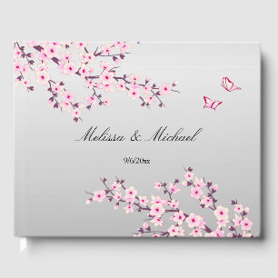 Cherry Blossom Butterflies Pink Gray   Wedding Guest Book