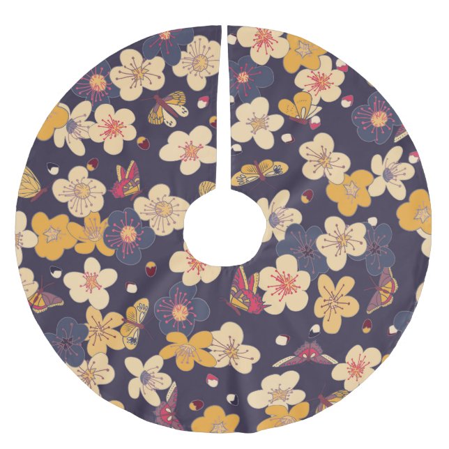 Cherry Blossom Butterfly Asian Print Brushed Polyester Tree Skirt (Front)