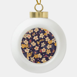 Cherry Blossom Butterfly Asian Print Ceramic Ball Christmas Ornament