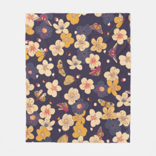 Cherry Blossom Butterfly Asian Print Fleece Blanket