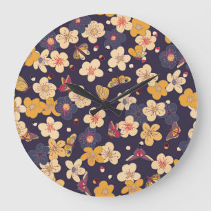 Cherry Blossom Butterfly Asian Print Large Clock