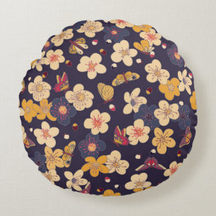 Cherry Blossom Butterfly Asian Print Round Cushion