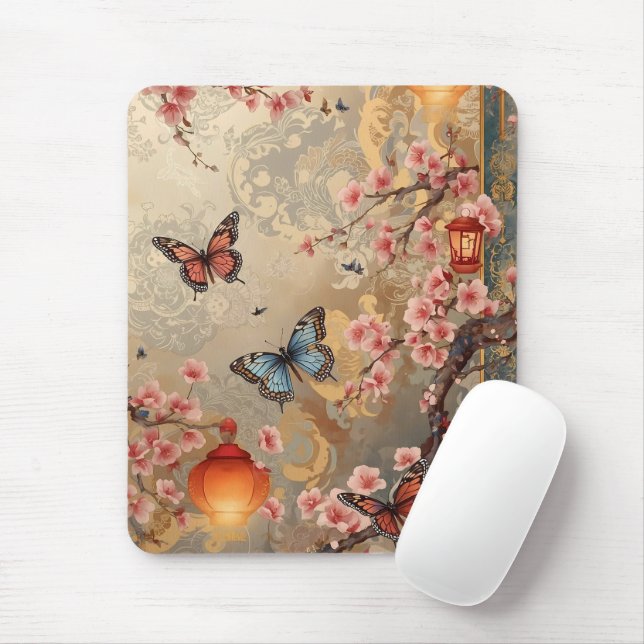 Cherry Blossom Butterfly Lantern Mouse Mat (With Mouse)