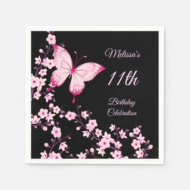 Cherry Blossom Butterfly Pink Black Birthday Napkin (Front)