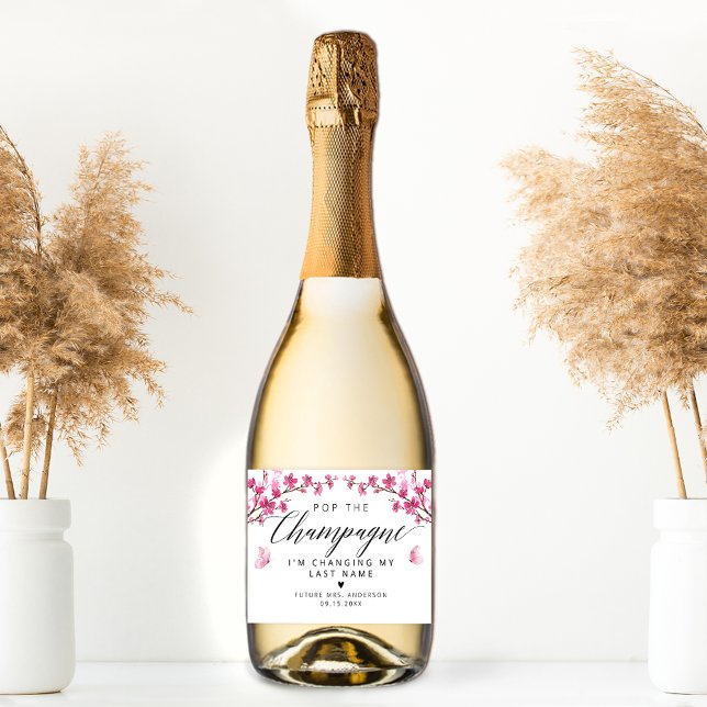 Cherry Blossom Butterfly Pink Champagne Sparkling Wine Label (Creator Uploaded)