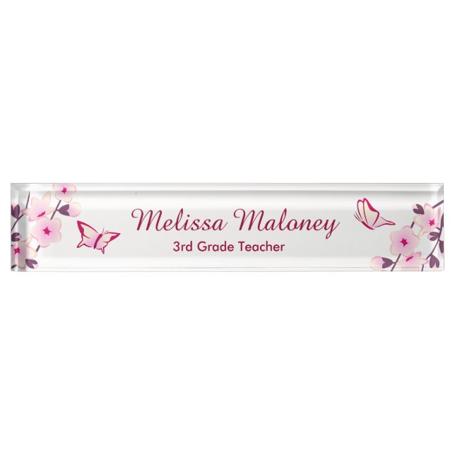 Cherry Blossom Butterfly Pink White Teachers Nameplate (Front)