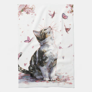 Cherry Blossom Cat and Butterflies (10) Tea Towel