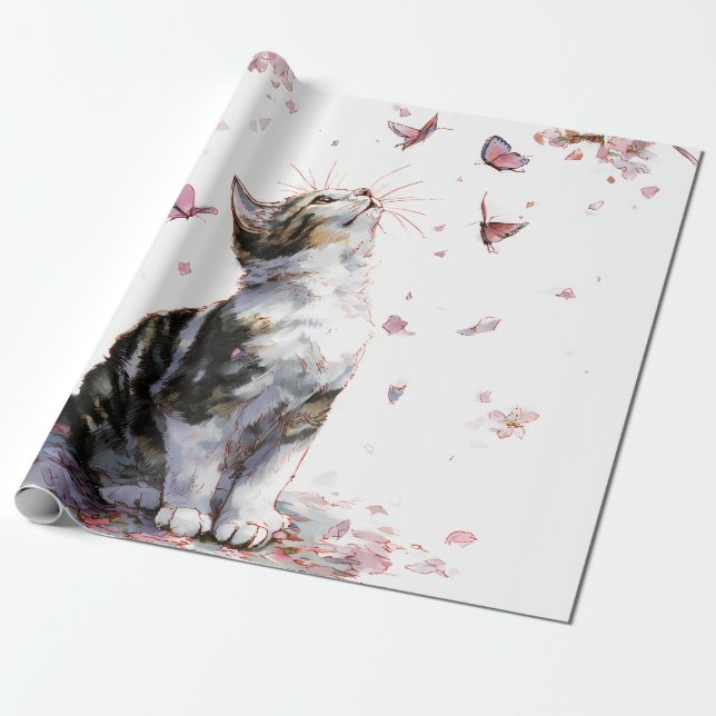 Cherry Blossom Cat and Butterflies (10) Wrapping Paper (Unrolled)
