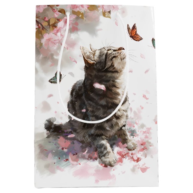 Cherry Blossom Cat and Butterflies (11) Medium Gift Bag (Front)