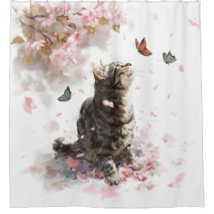 Cherry Blossom Cat and Butterflies (11) Shower Curtain
