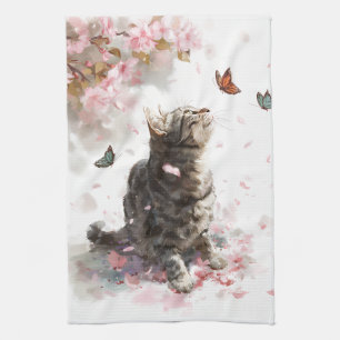 Cherry Blossom Cat and Butterflies (11) Tea Towel