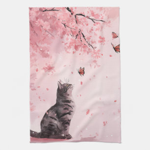 Cherry Blossom Cat and Butterflies (12) Tea Towel