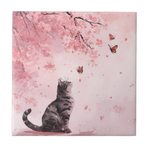 Cherry Blossom Cat and Butterflies (12) Tile