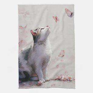 Cherry Blossom Cat and Butterflies (13) Tea Towel