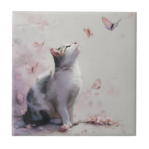 Cherry Blossom Cat and Butterflies (13) Tile