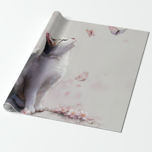 Cherry Blossom Cat and Butterflies (13) Wrapping Paper