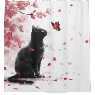 Cherry Blossom Cat and Butterflies (14) Shower Curtain