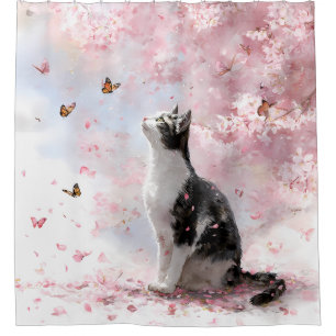 Cherry Blossom Cat and Butterflies (1) Shower Curtain