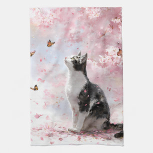 Cherry Blossom Cat and Butterflies (1) Tea Towel