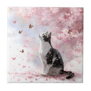 Cherry Blossom Cat and Butterflies (1) Tile