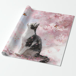Cherry Blossom Cat and Butterflies (1) Wrapping Paper